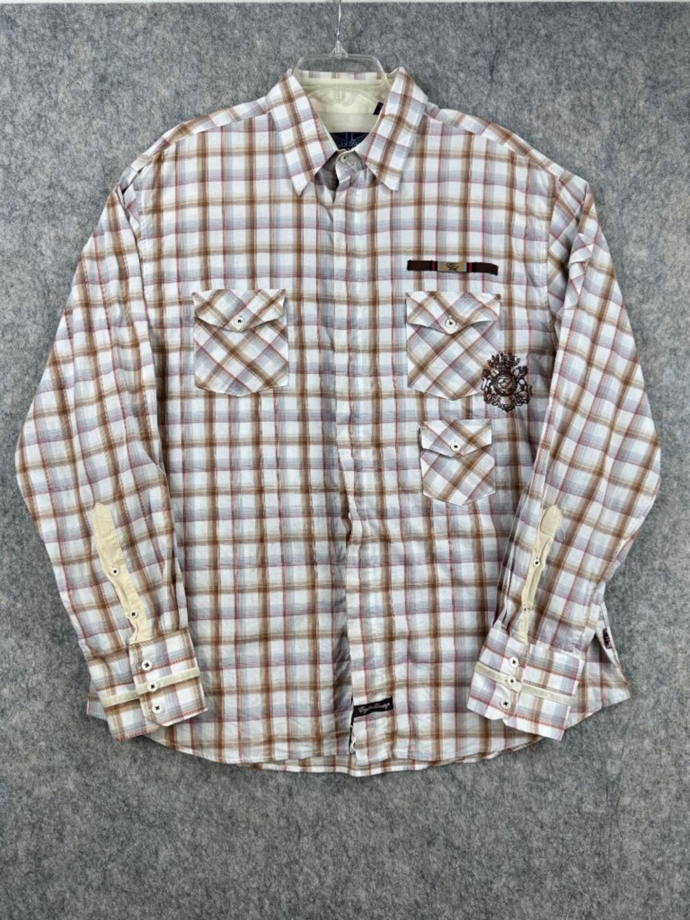 Vintage English Laundry Mens Plaid Shirt French Cuff Embroidered Sz XXL Cotton